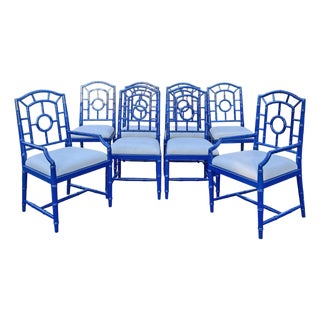Faux Bamboo Chinoiserie Style Blue Dining Chairs in Blue Set of 8 For Sale