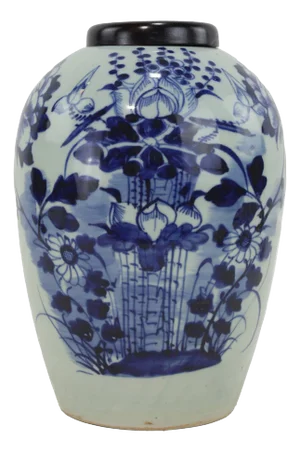 Antique Chinese Blue and White Porcelain Jar With Floral Basket & Bird Motif