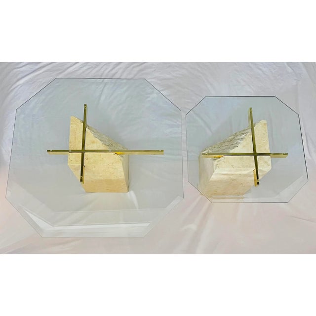 1970s Maitland-Smith Style Brass and Glass Tessellated Stone Pedestal Coffee Tables - a Pair For Sale - Image 13 of 13