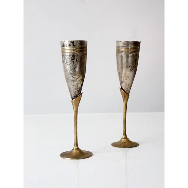 Vintage Brass & Silver Plated Champagne Flutes Pair For Sale - Image 10 of 11