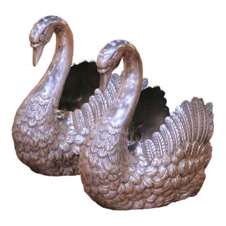 Pair of Mid-Century French Silvered Copper Swan Planters For Sale