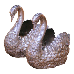 Pair of Mid-Century French Silvered Copper Swan Planters