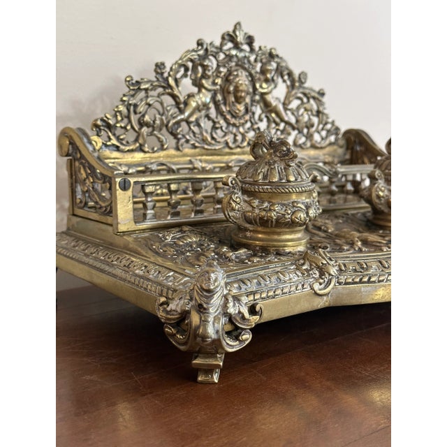 Antique Cast Brass Double Inkwell With Letter Holder – Ornate Baroque French Louis XIV Style, 10+ LBS For Sale In Boston - Image 6 of 13