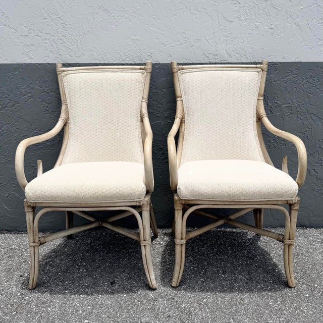Coastal Vintage Coastal Cream and Tan Rattan Dining Arm Chairs by Whitcraft - Set of 6 For Sale - Image 3 of 10