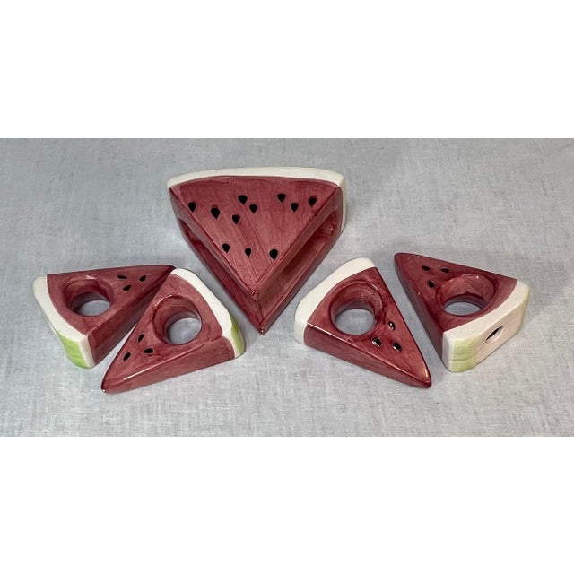 1980s 1980’s Trompe-l'Oeil Ceramic Watermelon Wedge Napkin Rings and Holder- Set of 5 For Sale - Image 5 of 9
