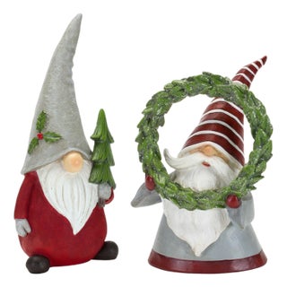 Holiday Gnome Figurine with Pine Tree and Wreath Accent (Set of 2) For Sale
