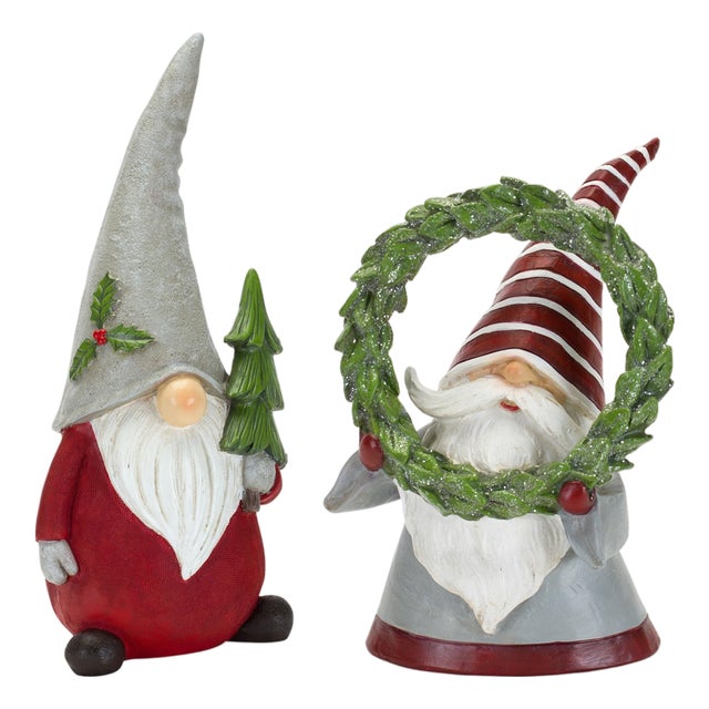 Holiday Gnome Figurine with Pine Tree and Wreath Accent (Set of 2) For Sale