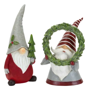Holiday Gnome Figurine with Pine Tree and Wreath Accent (Set of 2)