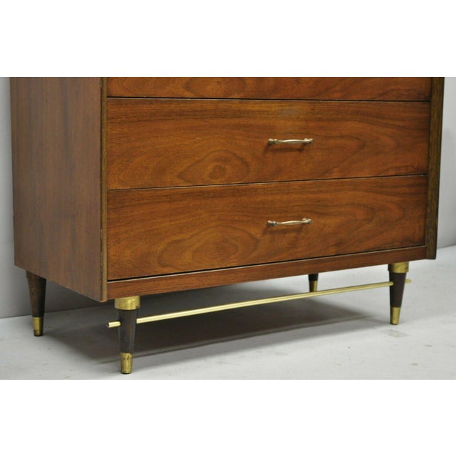 Vintage Mid Century Modern Walnut Tall Chest Dresser by Bassett Brass Stretcher Base Chairish