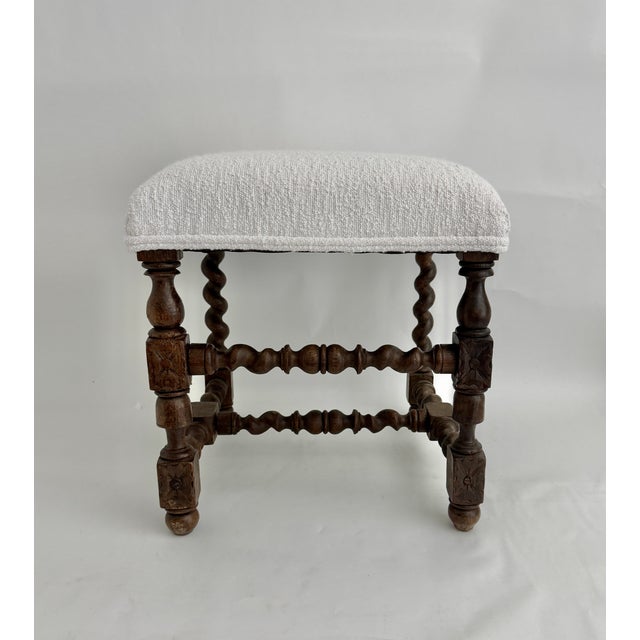 Rustic European 19th C French Louis XIII Style Walnut Stool W/ New Boucle Textile For Sale - Image 3 of 15
