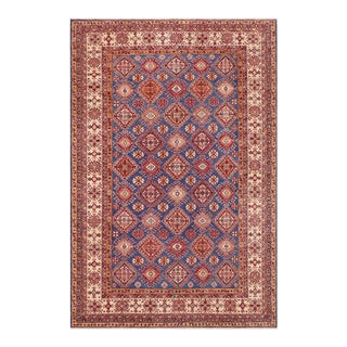 Bohemian Super Kazak Blue/Beige Wool Rug - 9'1'' X 12'7'' For Sale