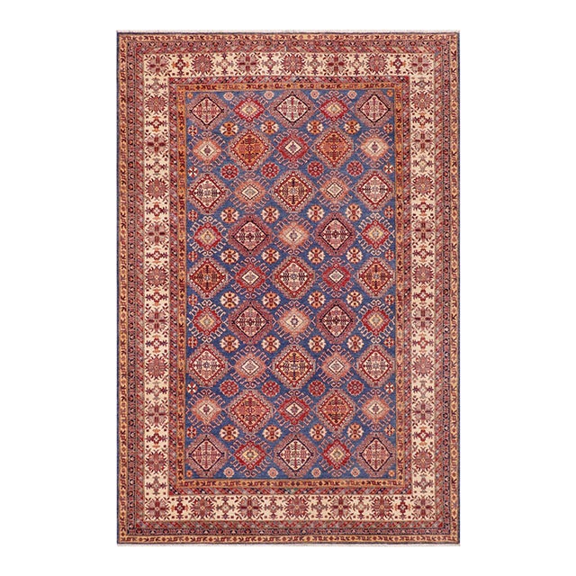 Bohemian Super Kazak Blue/Beige Wool Rug - 9'1'' X 12'7'' For Sale