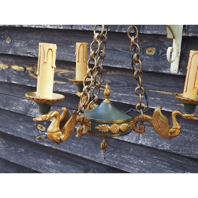 Gold Mid-Century French Empire Style Bronze 3-Branch Swan Chandelier by Lucien Gau, 1970s For Sale - Image 8 of 18