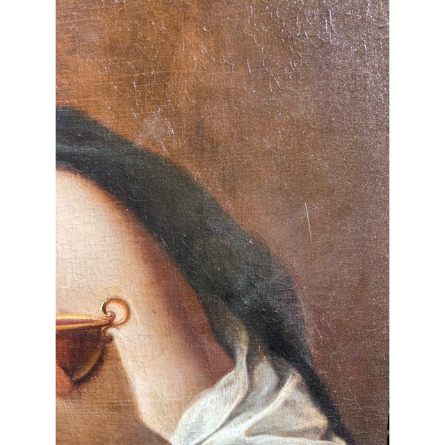 Brown 17th Century Framed Oil Painting Italian School Female With Garland of Flowers With Ewer and Cup For Sale - Image 8 of 14
