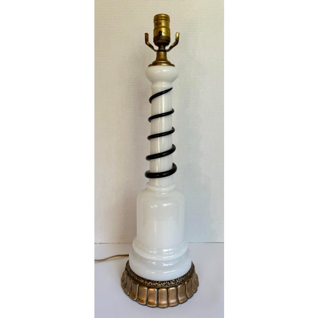 Art Deco Murano Style Milk Glass & Cobalt Blue Swirl Art Glass Table Lamp For Sale - Image 9 of 12