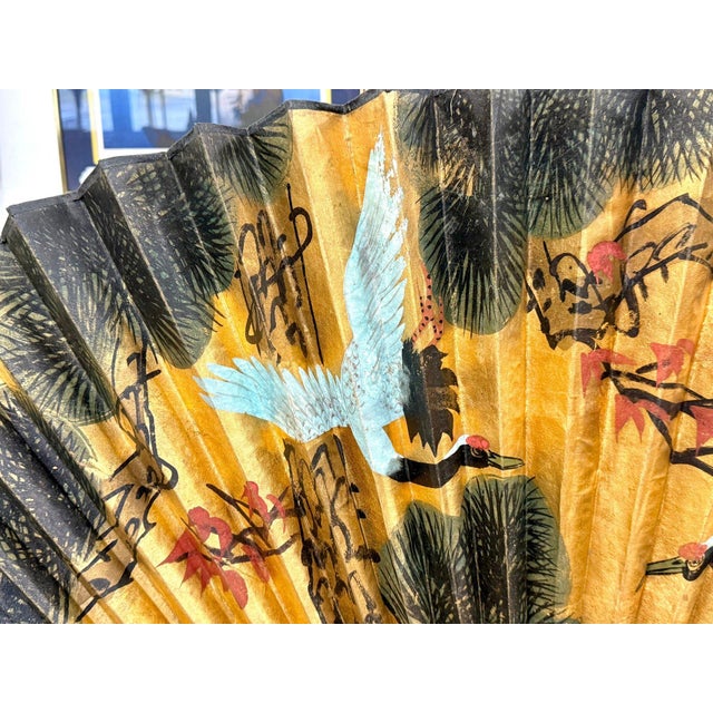 Stunning 70 Inch Vintage Chinese Hand Painted Gilt Wall Fan Cranes and Pine Motif For Sale In Portland, ME - Image 6 of 14
