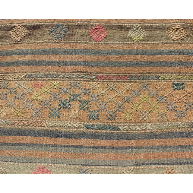 Textile Vintage Turkish Kilim Runner With Geometric Shapes and Colorful Stripes For Sale - Image 7 of 11