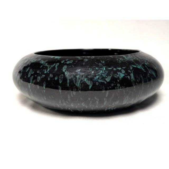 Vintage Contemporary Modern Turquoise & Black Splatterware Ceramic Low Decorative Bowl For Sale - Image 4 of 9