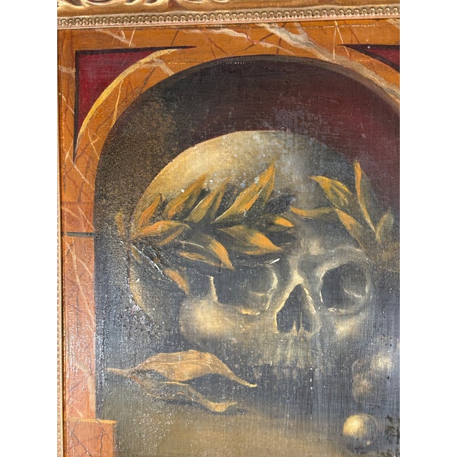 Italian baroque style "Memento Mori" oil on canvas portrait painting. The painting is signed, has an inscription of name...