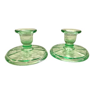Vintage Pair of Light Green Depression Glass Pillar Holders For Sale