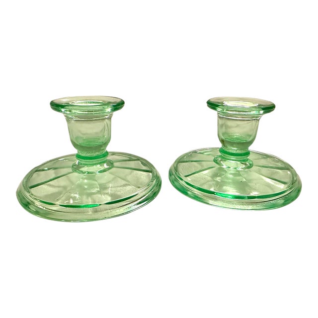 Vintage Pair of Light Green Depression Glass Pillar Holders For Sale