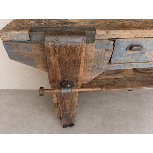Wood Antique 19th-Century Primitive Blue-Painted Carpenter's Workbench / Console Table For Sale - Image 7 of 13