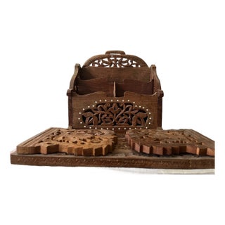 Vintage Hand Carved Wood Desk Set Abacus Expanding Book Rack Letter Opener - Set of 5 For Sale