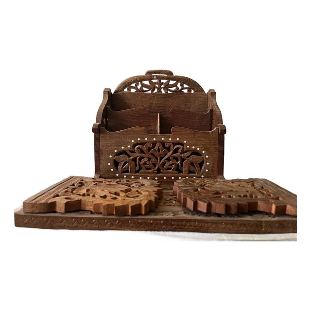 Vintage Hand Carved Wood Desk Set Abacus Expanding Book Rack Letter Opener - Set of 5 For Sale