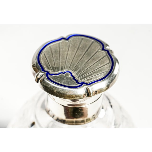 1910s Exceptional Pair Antique English Cut Crystal Perfume Bottles Sterling Silver & Blue Enamel Tops Edwardian Vanity Set Home Decor For Sale - Image 5 of 18