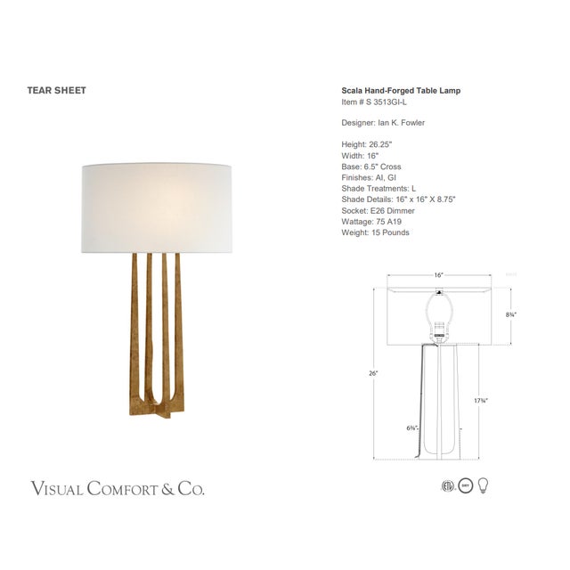 Ian K. Fowler by Visual Comfort Signature Scala Hand-Forged Table Lamp in Gilded Iron with Linen Shade Designer: Ian K....