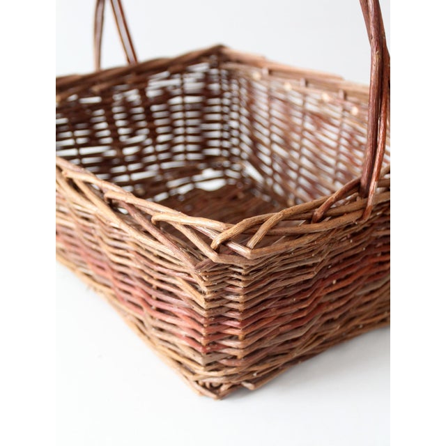 Vintage Rustic Woven Willow Market Basket With Handle For Sale - Image 9 of 12