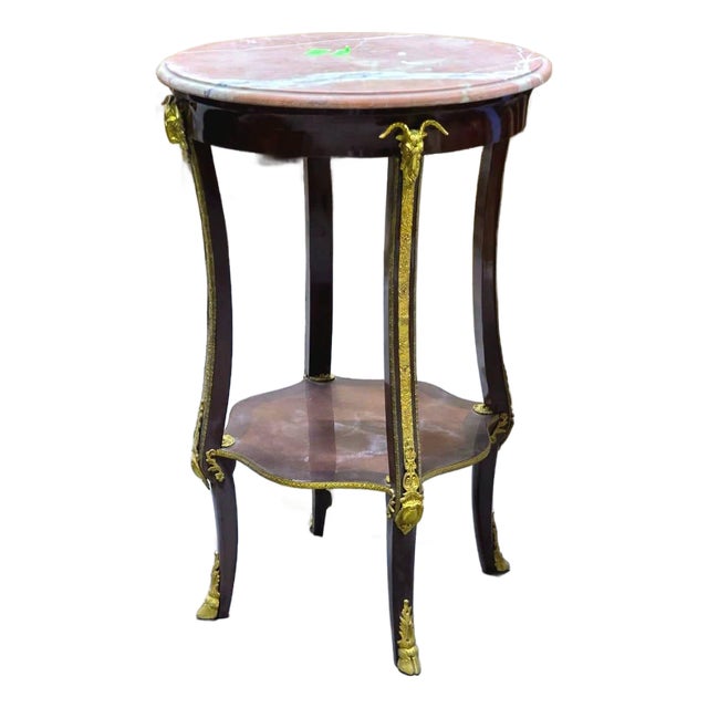 Classic French Louis XVI Marble Accent Table With Cane Shelf & Hand-Applied Gold Leaf For Sale