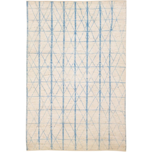Modern Moroccan Style Beige and Blue Handmade Geometric Oversize Wool Rug For Sale - Image 10 of 10