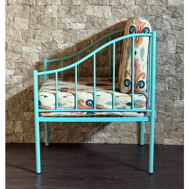 Pair of Wrought Iron Turquoise Lounge Chairs with Outdoor Geometrical Fabric For Sale - Image 4 of 18