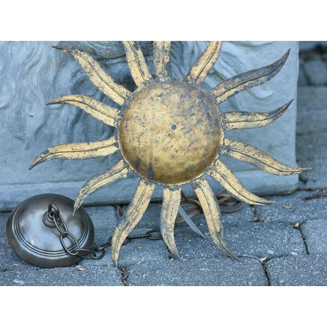Mid 20th Century Spanish Midcentury Gilt Metal Sunburst Light Fixture with Wavy Rays For Sale - Image 10 of 12
