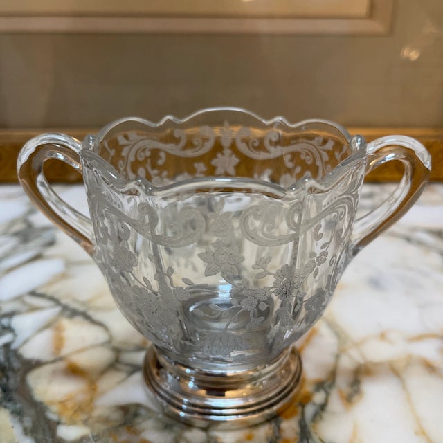 English Vintage Sterling Silver and Etched Glass Creamer and Sugar Set For Sale - Image 3 of 8