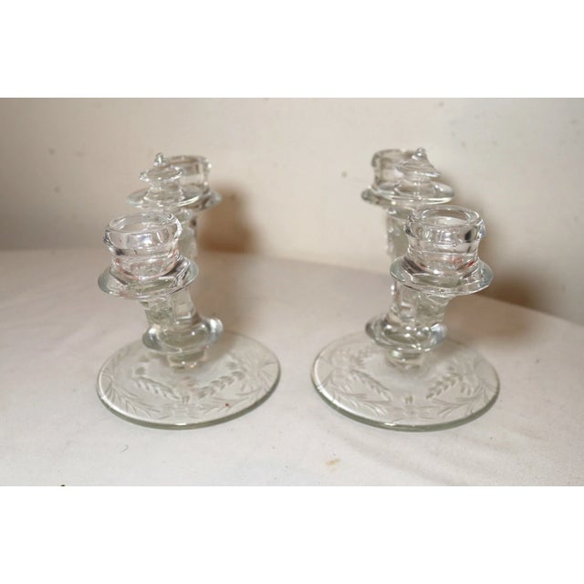 Vintage Pair of Art Deco Etched Crystal Candlestick Holders Candelabras Glass For Sale - Image 11 of 12