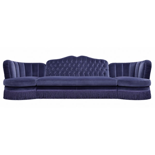 Textile Indigo Velvet Tufted Sofa with Fringe by Dorothy Draper For Sale - Image 7 of 7