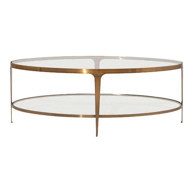 Matthew Izzo Home Brando Antique Brass Two Tier Oval Coffee Table With Glass Tops For Sale
