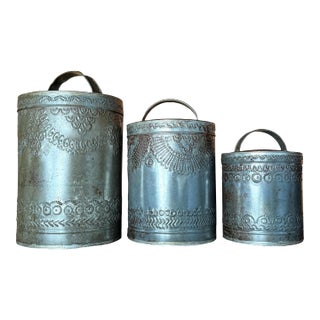 Set of 3, Rare Antique Pennsylvania Primitive Canisters | Hand Punched Tinware For Sale