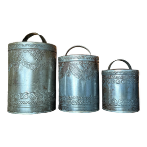 Set of 3, Rare Antique Pennsylvania Primitive Canisters | Hand Punched Tinware
