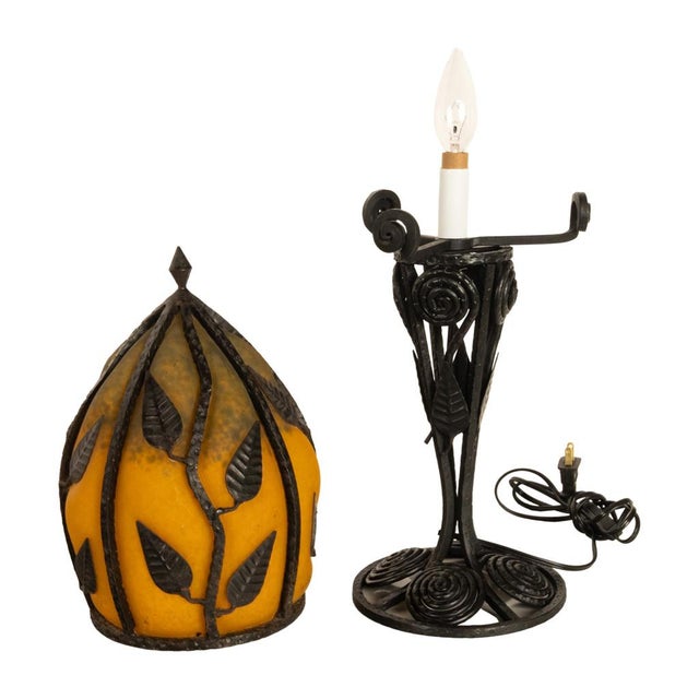 Large Antique French Art Deco Daum Glass & Edgar Brandt Iron Table Lamp 1920s For Sale - Image 12 of 14