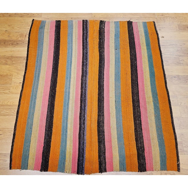 Turkish Vintage Turkish Sofreh Kilim, Flat-Woven Wool, Stripe Pattern, Yellow & Green, 5x5 For Sale - Image 3 of 11