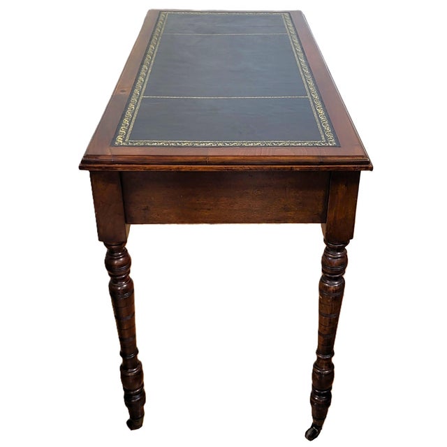 Wood 19th C English Victorian Carved & Gilt Tooled Leather Top Library Table Desk For Sale - Image 7 of 17