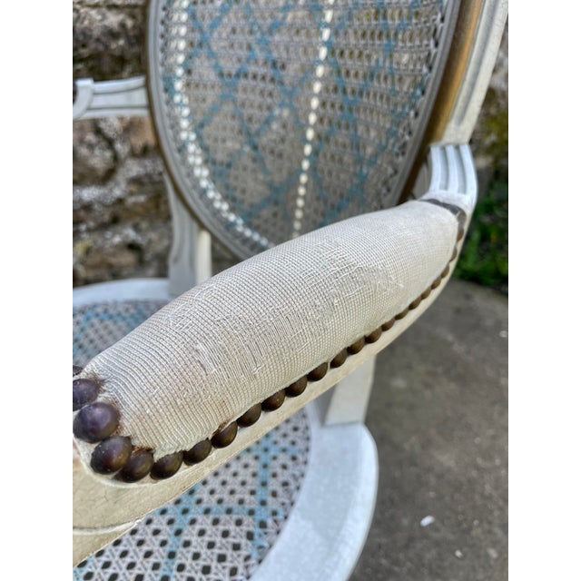 Louis XVI Style Caned Medallion Armchair in White and Blue, 1950s For Sale - Image 10 of 12