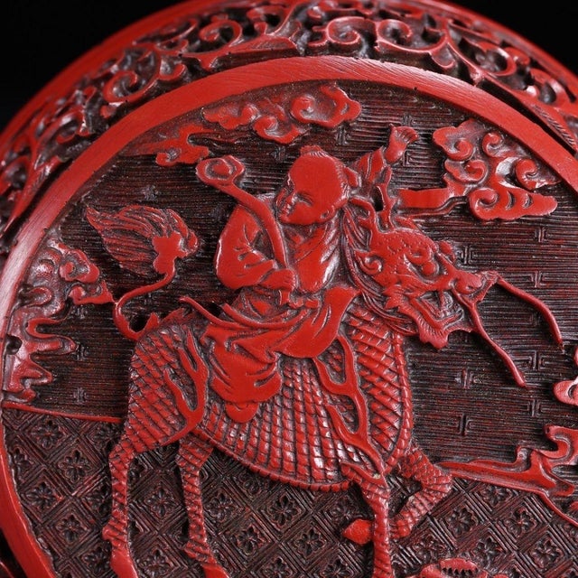 Red Carved Cinnabar Lacquer Box With Rider and Qilin Motif For Sale - Image 8 of 9