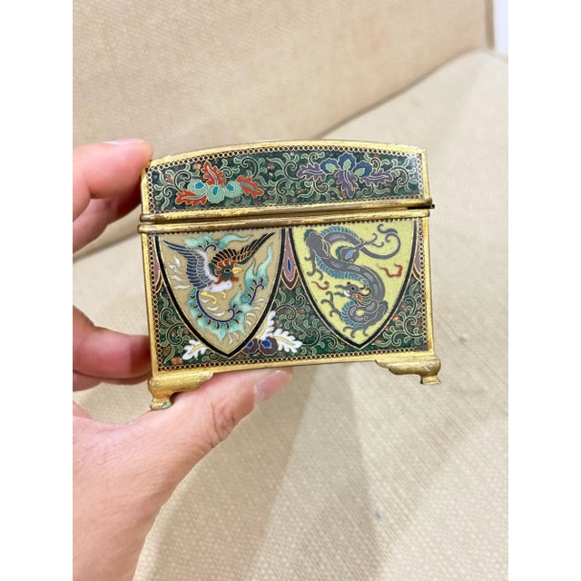 Dark Green Exceptional Meiji Japanese Cloisonne Enamel Phoenix Dragon Box Signed Inaba For Sale - Image 8 of 15