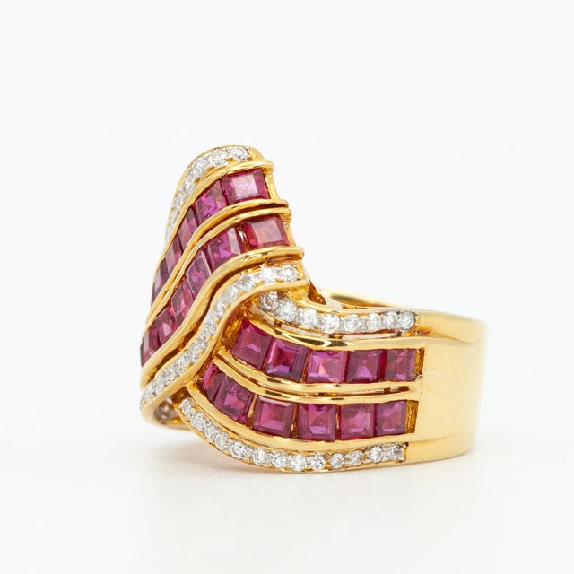 Modern 1980s Vintage 18k Yellow Gold Ruby and Diamond Cocktail Ring, Size 6.5 For Sale - Image 3 of 16
