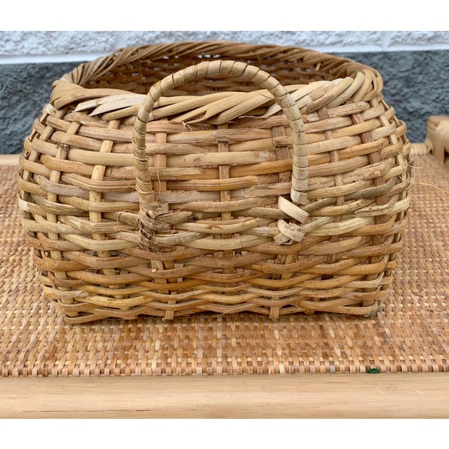 Chinoiserie Natural Woven Bamboo Wicker Rattan Cachepot Basket With Handles For Sale - Image 3 of 9