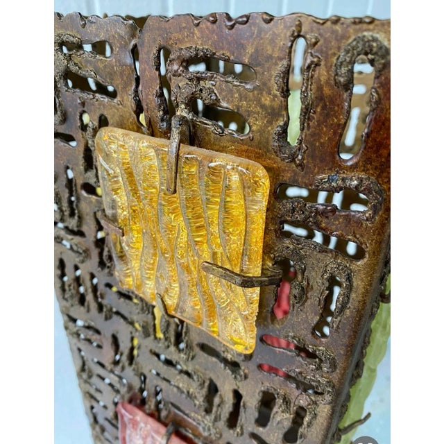 Vintage Brutalist Sculpture Steel and Thick Italian Art Glass Panels Modern Art Lamp For Sale - Image 4 of 7